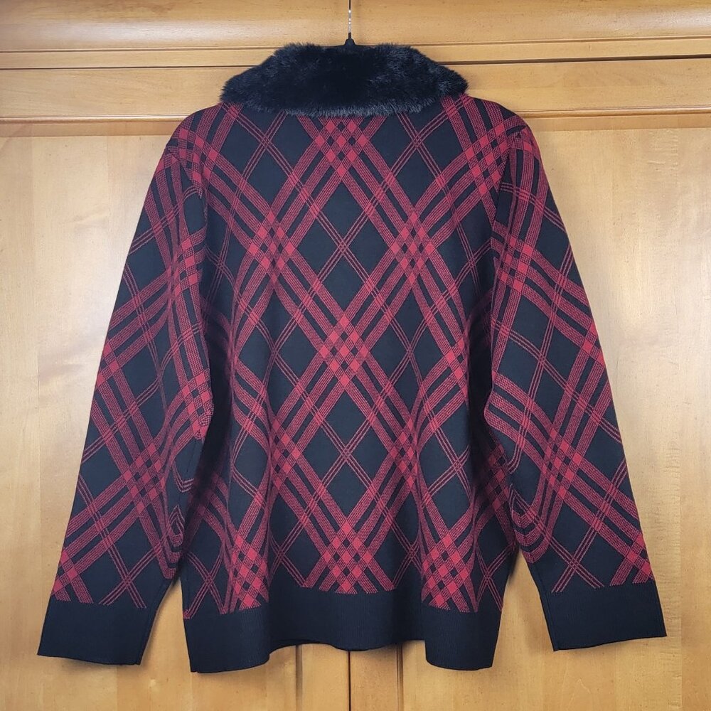 NWT Anne Klein Black & Red Full Zip Sweater Removable Faux Fur Collar - XL - Picture 3 of 15